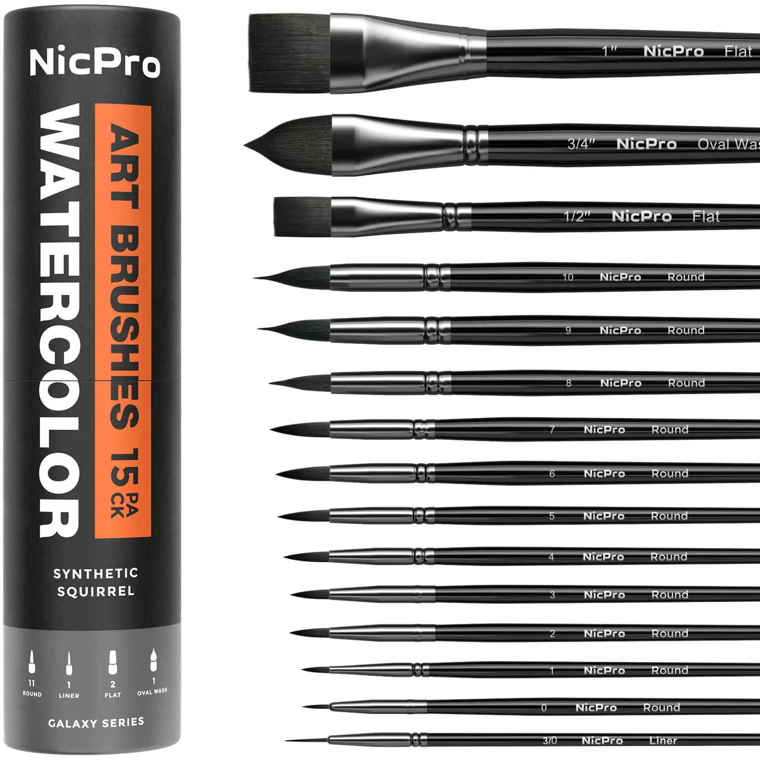 Nicpro 15-Pack Professional Watercolor Paint Brush Set, Soft Synthetic Fine Squirrel Hair Brushes (Round, Flat, Dagger, Wash), with Holder & Bag, for Artists, Compatible with Water-Based, Acrylic, Gouache Paints, Brush And Fine