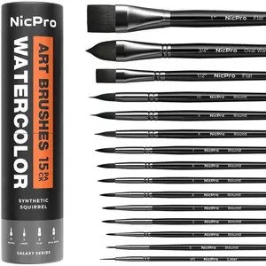 Nicpro 15Pack Watercolor Paint Brush Set, Professional Watercolor Paint Brushes, Soft Synthetic Fine Squirrel Hair, Round, Flat, Dagger, Wash for Adult, Artist, Water Color, Gouache - with Holder & Bag