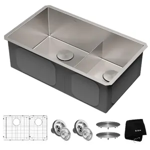 212 MAIN 32 in. Standard Pro 16 Gauge Undermount Stainless Steel Kitchen Sink Complete Kit, 60x40 Double Bowls, Contemporary Look, Dent Resistant, Easy Draining