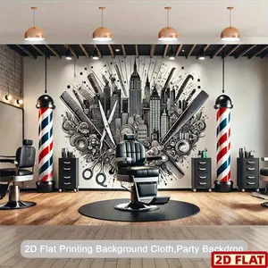 2D Flat Banner, 1pc 8x6ft Polyester Photography Backdrop - Barber Shop Corner with NYC Skyscraper & Barber Pole Design, Indoor/Outdoor Banner Decor for Parties, Photo Studios, Barbershop Decor, Party Decorations Banners