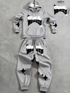 Men's Casual Hooded Sweatshirt & Drawstring Pants Set, Letter Print Long Sleeve Comfortable Fitted Fashion Two-Piece for Outdoor Activities