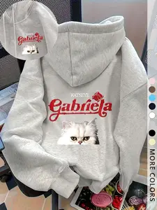 Women's Trendy Gray Hoodie Drawstring Adjustable, KATSEYE Gabriela Cat Print, Relaxed Fit Long Sleeve Fashion Sweatshirt for Casual Outings & Fan Merchandise Womenswear