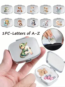 Cute Animal Letter A-Z Square Pill Box, 2 Portable Medicine Storage Boxes, Mini Metal Organizer for Jewelry and Drugs, Customizable Gift