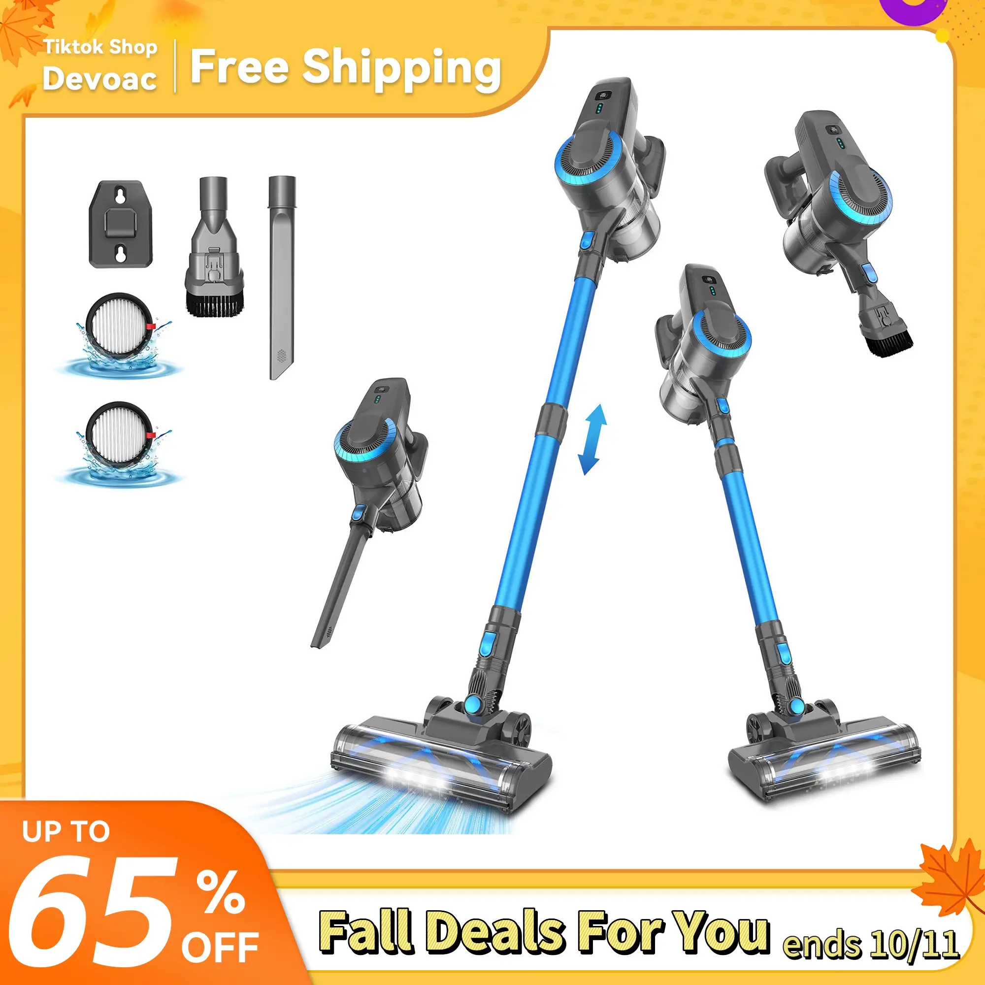 [FallDealsForYou]Devoac Cordless Vacuum Cleaner,8-in-1 Rechargeable Stick Vacuum,Up to 40mins Runtime,Powerful Suction,Lightweight,Versatile for Hardw