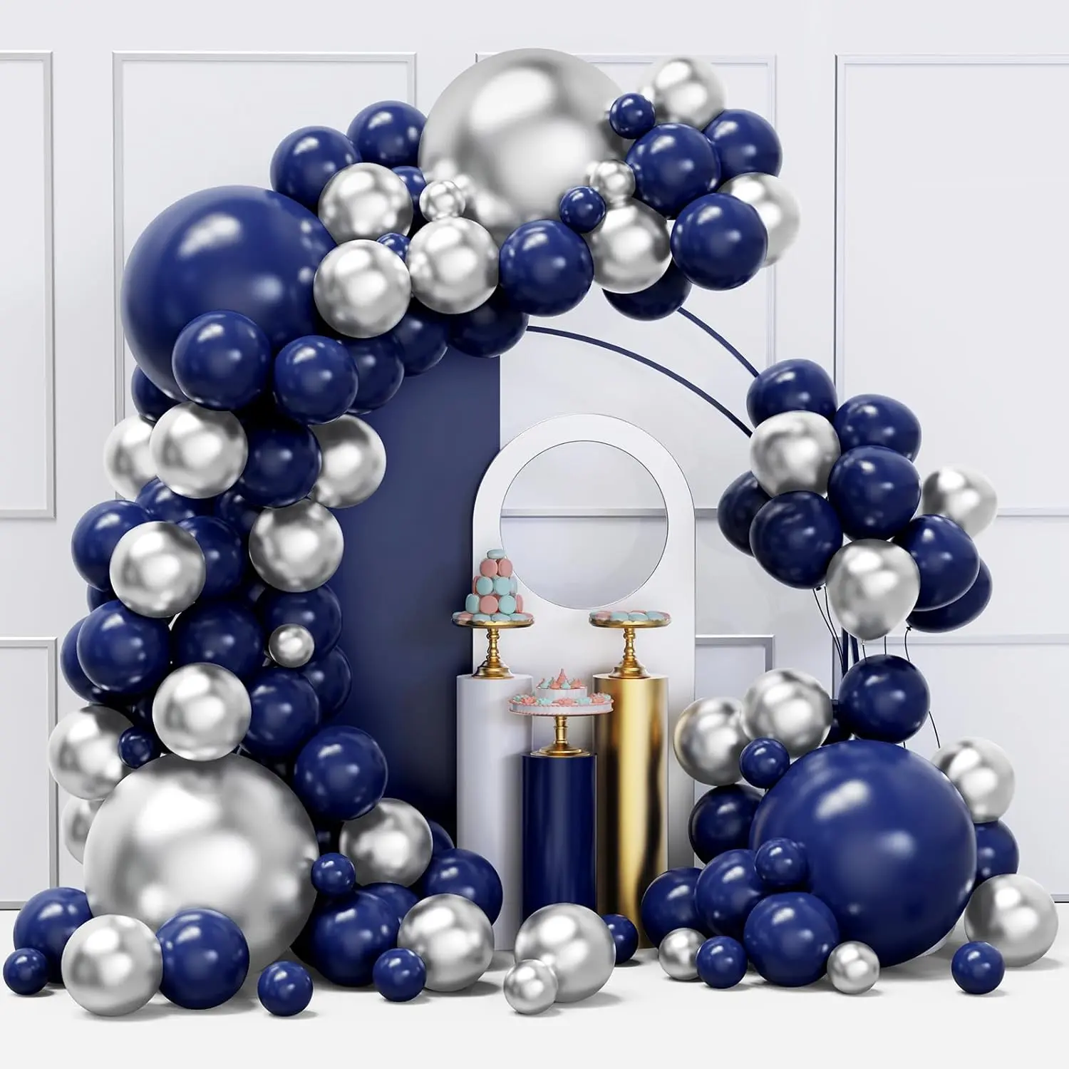 134 Pcs Blue & Silver Metallic Latex Garland Kit - Dark Blue, Silver Multi-Size Pieces for Birthday, Graduation Decorations with Ideas (Metal Balloon Arch Compatible), Balloon Garland