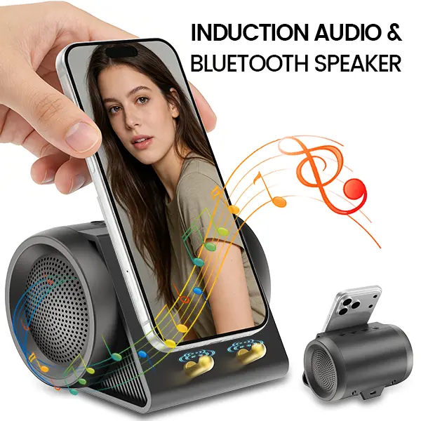 Portable BT Wireless Induction Rechargeable Speaker Stand - Universal Smartphone Holder, 360° Full Range Surround Sound Subwoofer, Durable Desktop Device with NFC, Audios Compatibility, Batteries Included, Gift Ideas for Music Lovers (Home & Travel Use)