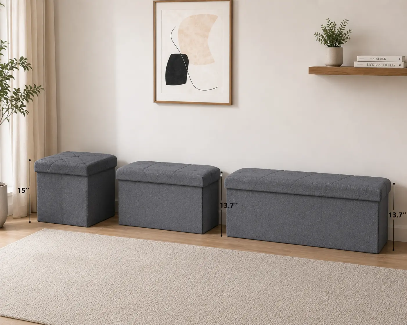 Storage ottoman bench, folding ottoman stool with padded seat for bedroom and living room, grey velvet end-of-bed bench with seating and storage chest, Mother’s Day gift