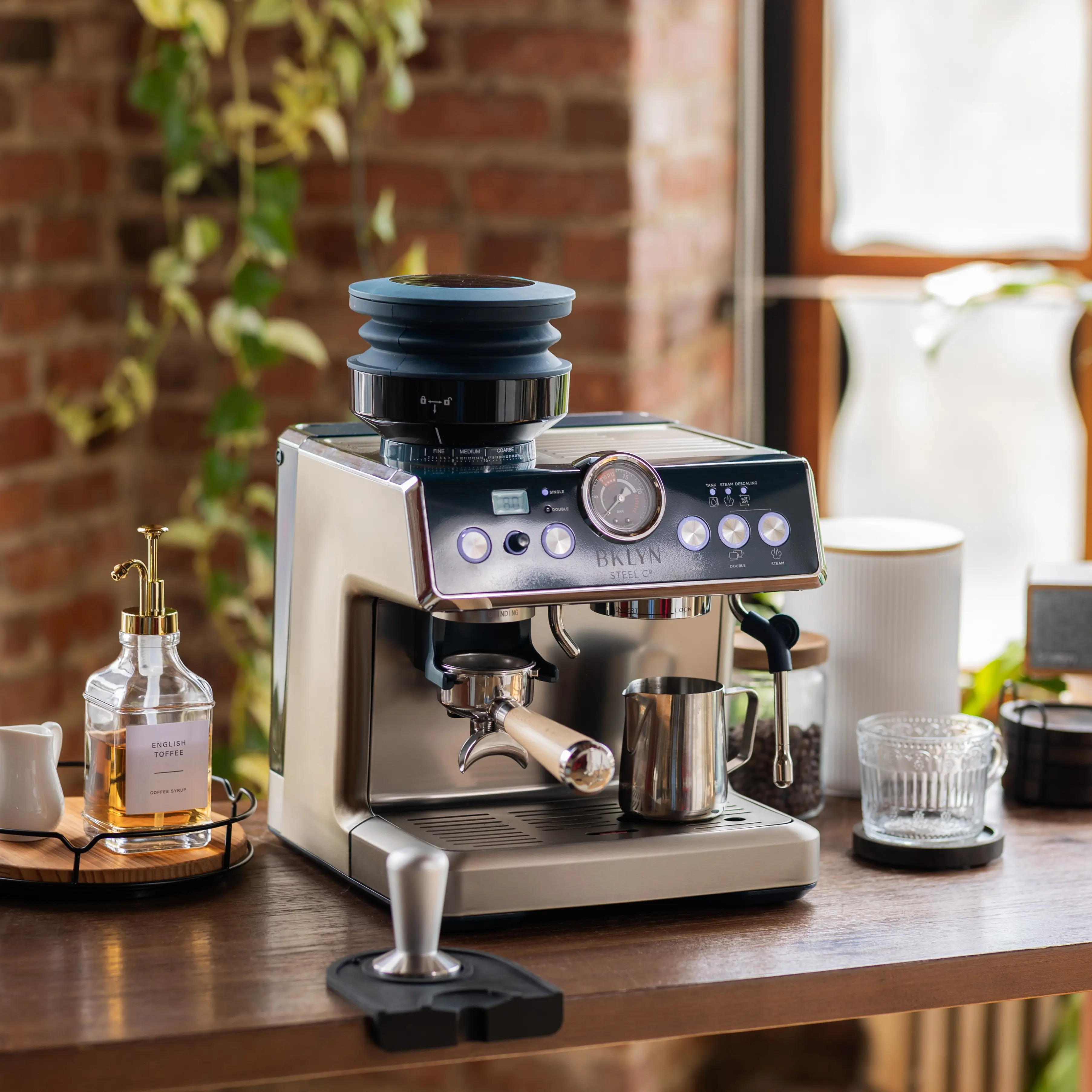 BKLYN Steel Co. Talos 20 Espresso Machine with Built-in Grinder, Adjustable Grind Settings, Programmable Shot Volume, 3-Level Temperature Control, and Steam Wand for Lattes & Cappuccinos