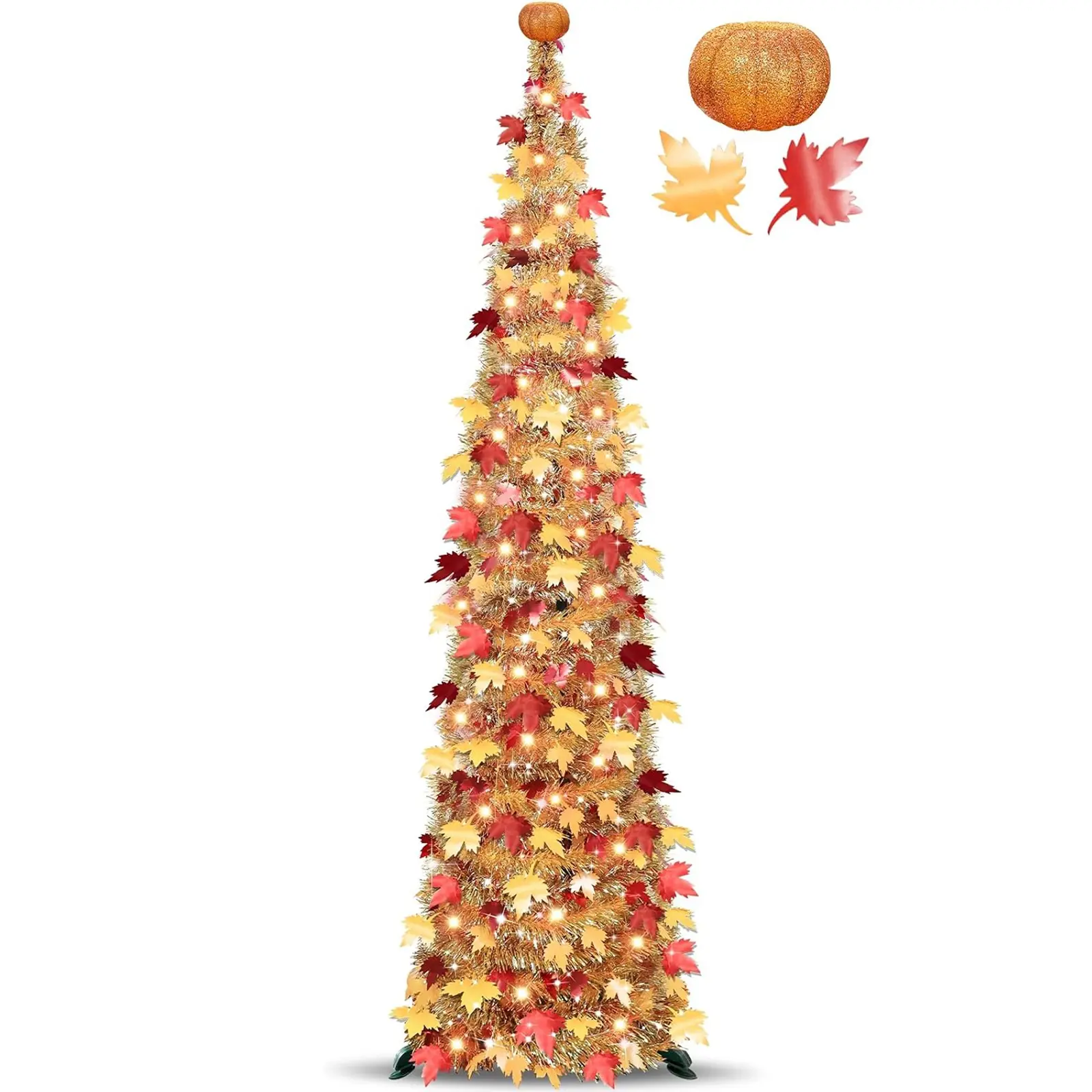 6FT Pop Up Tinsel Maple Tree with Pumpkins & 60 Warm LED Lights, Battery Operated Collapsible Fall Decor, Cozy Autumn Tree for Porch Home Thanksgiving Party