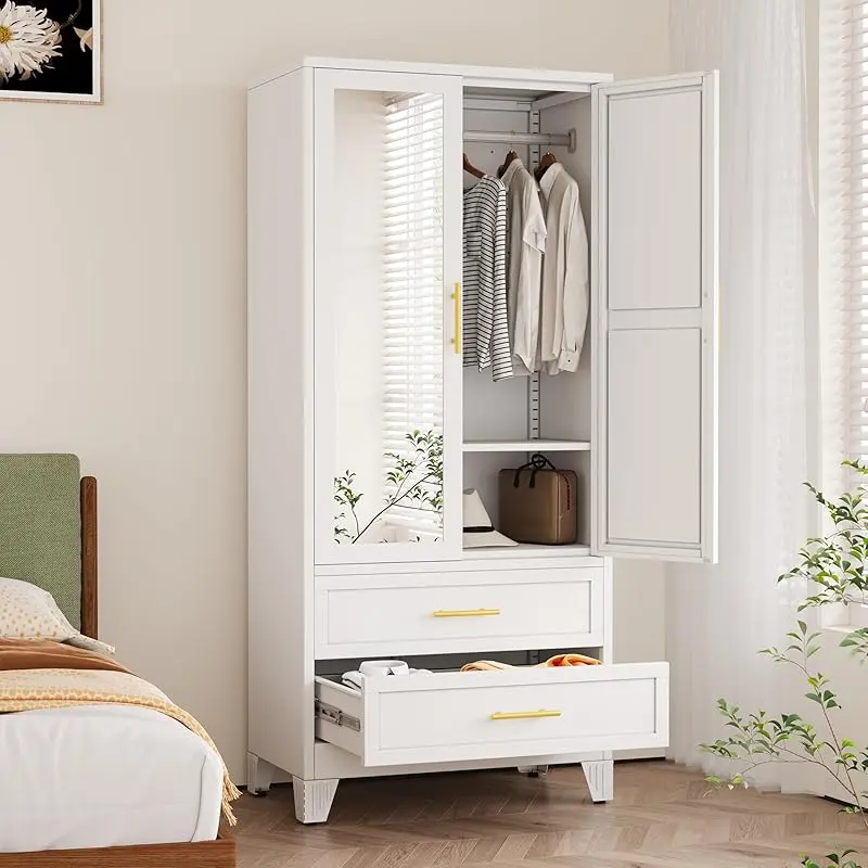 Metal Armoire Wardrobe Closet with 2 Mirror Doors, 71"' Wardrobe Cabinet with Adjustable Shelves and Hanging Rod, Clothing Storage Cabinet Closet with Mirror for Bedroom-Black