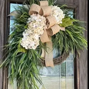 Cream Color Farmhouse Style Hydrangea WreathHanging Decoration, Bohemian Country Wreath,Artificial Flower Door Decor, Linen Bow and Leaves