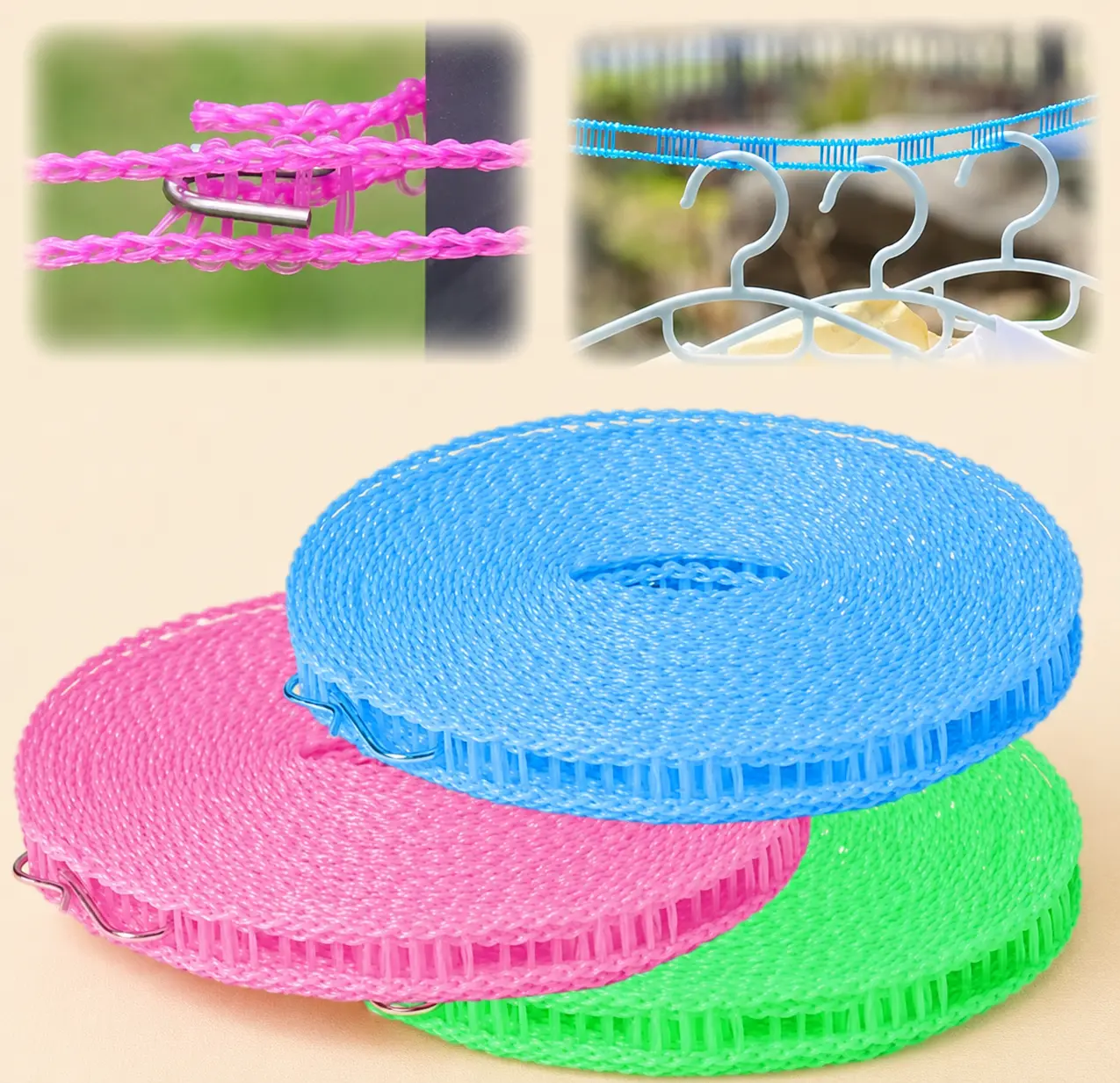 Retractable clothesline, outdoor camping clothesline, windproof and non-slip clothesline, portable clothesline, travel clothesline, indoor and outdoor clothesline (set of 3 colors)