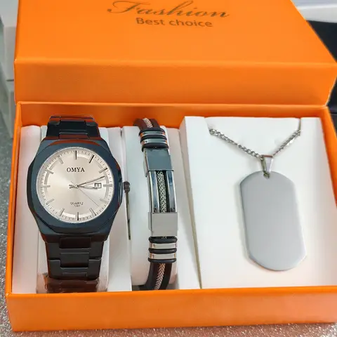 Men's Casual Fashion Watch with Braided Band, Metal Links, Date Display, Bracelet, Dog Tag Necklace Set in Orange Gift Box for Daily Wear