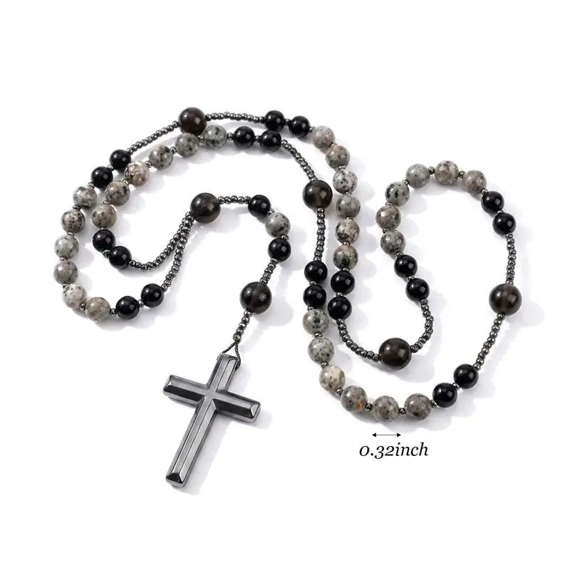 Natural Obsidian Yooperlite Cross Necklace - UV Reactive, UV Protective, Gold-Plated Cuban Chain & Link, Hematite Cross Pendant, Black Unisex Geometric Long Length Everyday Wear Protection Costume Jewelry Christmas Gift, Men's Accessories, Rosary, Chain J