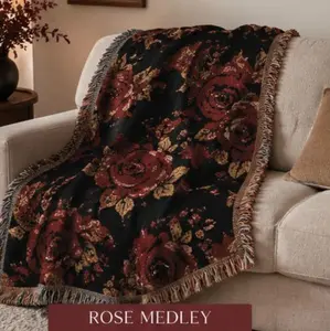 : Rose Medley Woven Blanket – Dark Floral Throw Blanket – Vintage Gothic Home Decor – Cottagecore Woven Blanket