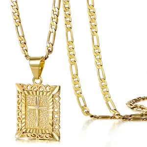 KISSYAN Gold Cross Necklace for Men Women, 14K Gold Plated Figaro Chain with Rectangular Religious Pendant, Faith Jewelry Gift