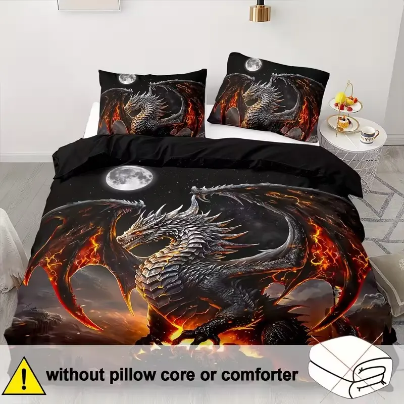 3-Piece Soft Comfortable Dragon Pattern Bedding Set, Cozy Bedroom Accessories, Perfect for Relaxing Nights, High-Quality Fabric