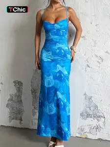 Women's Floral Print Lace Up Bodycon Cami Dress, Elegant Dresses, Adjustable Ruched Sleeveless Long Dress Ladies Clothes for Vacation Holiday Wedding Guest