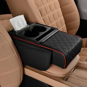 5-in-1 Car Armrest Cushion - Center Console Cover with 2 Storage Bags, Cup Holder, Tissue Box Slot, Phone Slot - Auto Parts Accessories, Car Accessories for Sedans, Interior Stowing & Tidying Organizers (Black Red)
