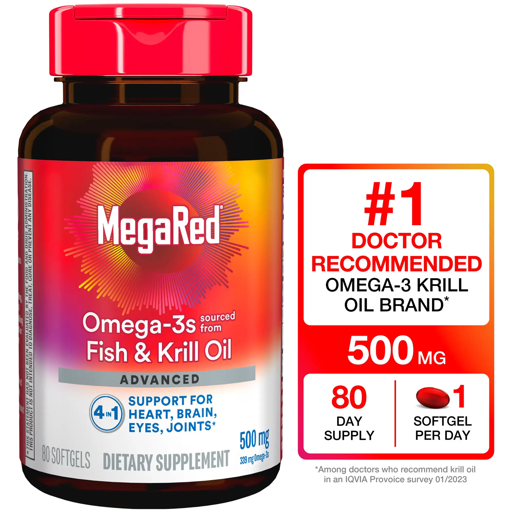 Omega 3 Fish Oil & Antarctic Krill Oil 500mg Softgels for Brain, Heart, Joints & Eye Support, MegaRed (80 Count Bottle), Concentrated Omega 3 Fatty Acid Supplement with EPA, DHA, Phospholipids