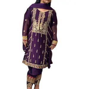 Pakistani Shalwar Kameez in Purple with Embroidery, Long Sleeves, and Embroidered Design, Comfortable Fit for Girls