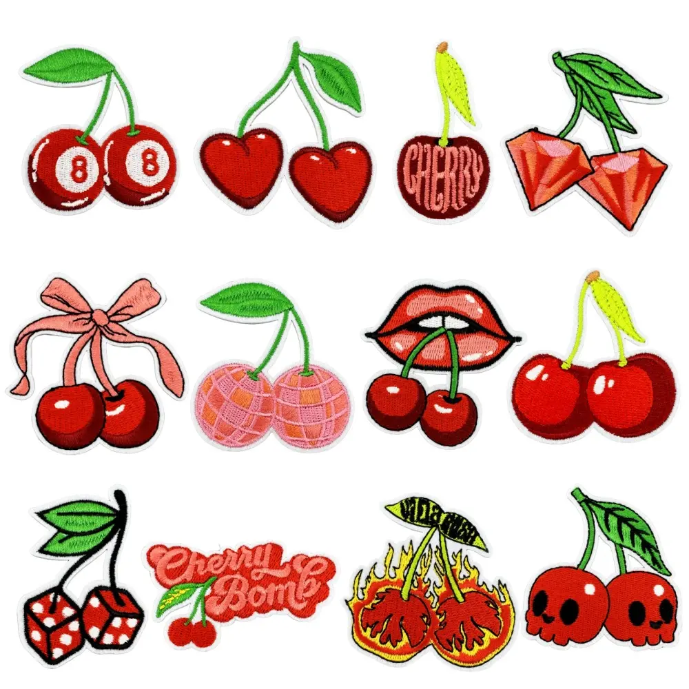 Iron-On Cherry Shapes Patches - 12 Durable Polyester Fine Cloth Patches, Easy-to-Apply Sewing Supplies for Apparel Accents, Clothing Repair, Accessories, Iron On Patches