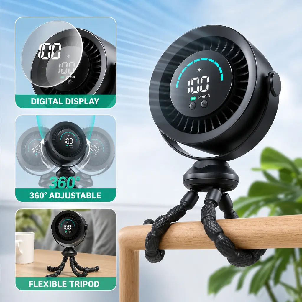 Portable Octopus Fan with Digital Display, 100-Speed Adjustable Desk Fan, 4000mAh Rechargeable Battery, 360° Rotating Flexible Tripod Fan, Ultra Quiet Personal Pocket Fan for Office, Bedroom, Camping, Travel and Outdoor Use sohochic