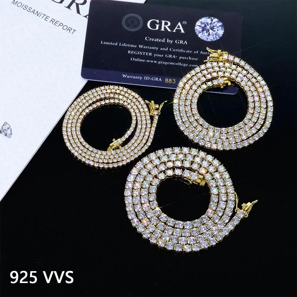 Luxur Jewelry 925 VVS 2/3/4/5MM Width Moissanite Tennis Necklace Pass Diamond Test Bling Iced Sterling Silver Chain with Gra