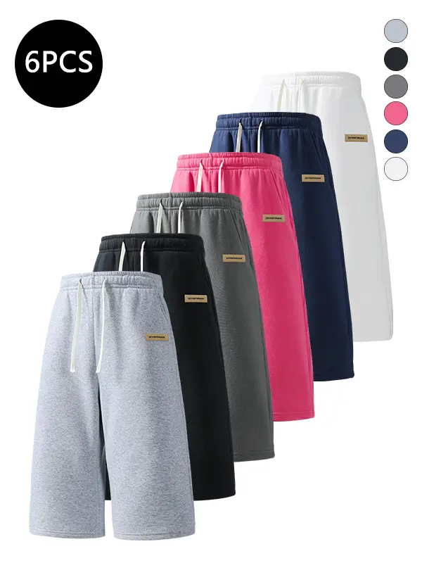 6-Pack Men’s Summer 3/4 Shorts — Trendy High Street Style with Lettering Labels, Versatile Loose Casual Shorts for Gym, Running, and Outdoor Sports