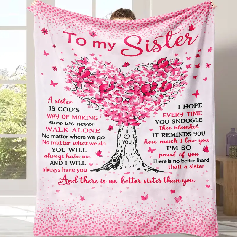 Fleece Throw Blanket for Sister - Heart-Shaped Pink Cherry Blossom Tree, Butterfly Quote, Sentimental Love Letter Art Print, Valentine Gift, Cozy Setup Fluffy Blankets, Pink Decor, Oversized Washable, 4 Seasons Use for Bedroom Sofa
