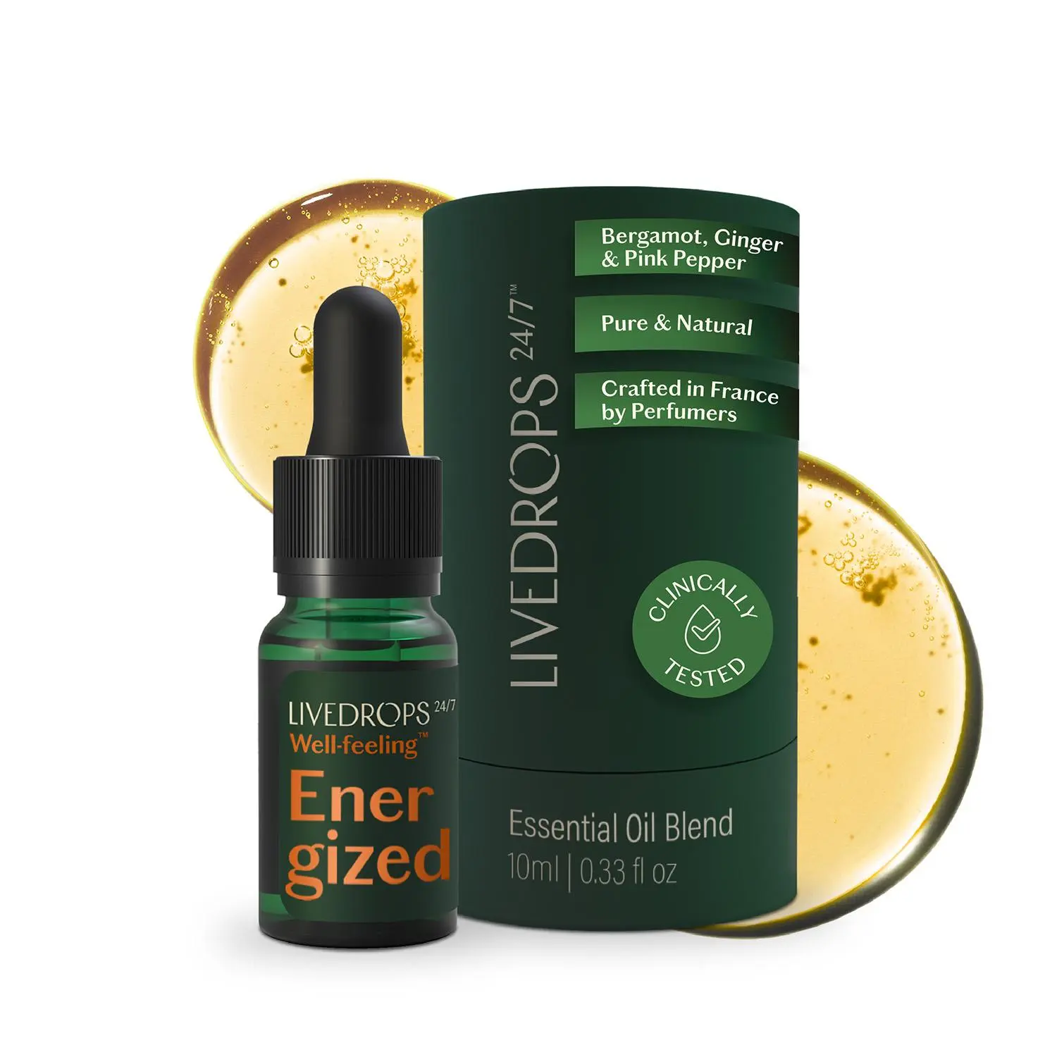 LIVEDROPS 24/7 Energized Essential Oil Blend -  Bergamot, Ginger, Pink Pepper - Pure & Natural - Aromatherapy for Energy & Focus - Skin-Safe & Diffuser-Ready - Clinically Tested - Crafted in France