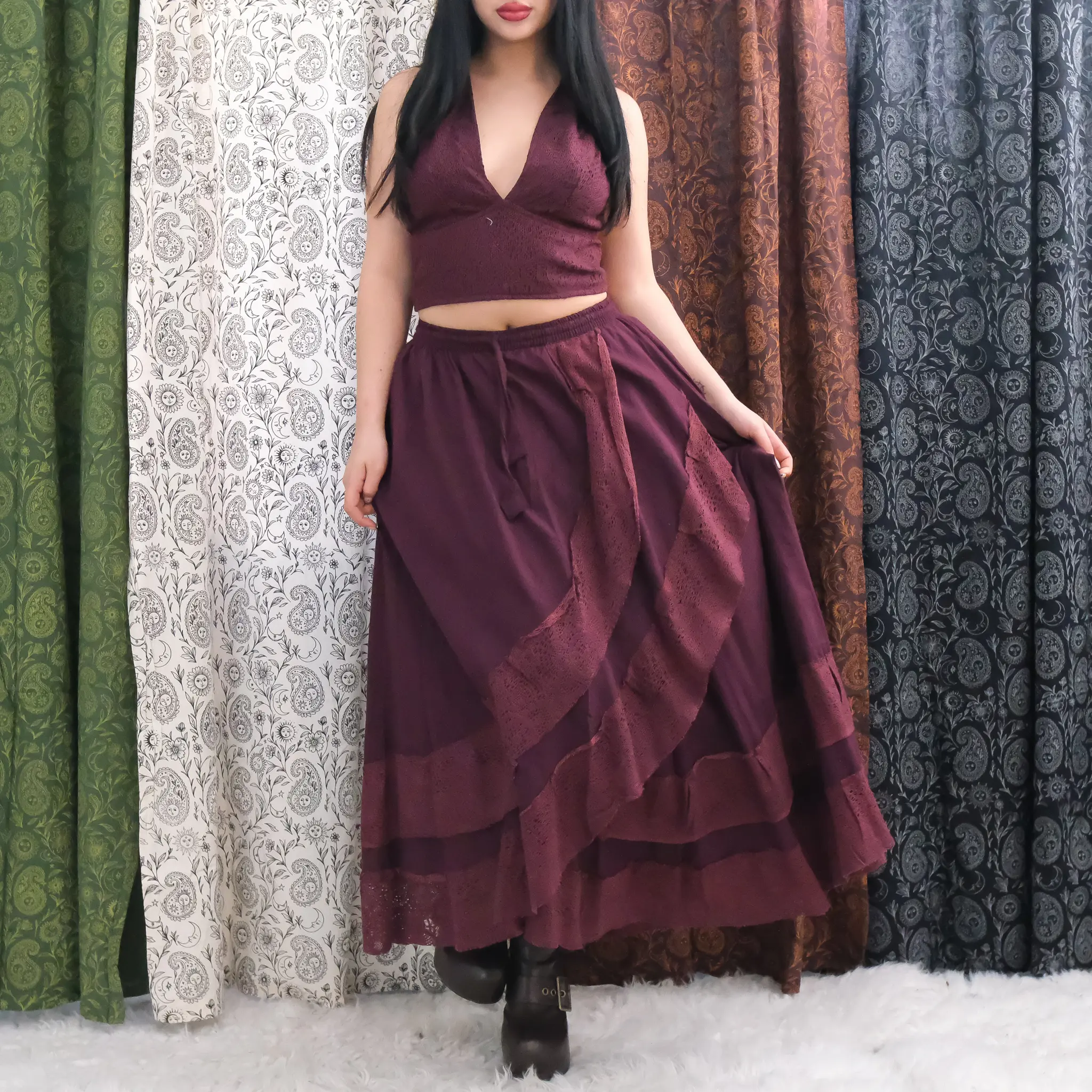 Cotton Flowy Maxi Skirt and Bralette Set ,  Boho Lace Skirt, Bohemian Whimsical Outfit, Fairy Goddess Skirt, Slit Style, Elastic Waist , Summer Fairycore Skirt