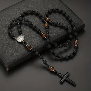Natural Black Agate & Yellow Tiger’s Eye Tag Cross Pendant Rosary Necklace Jewelry for Men and Women