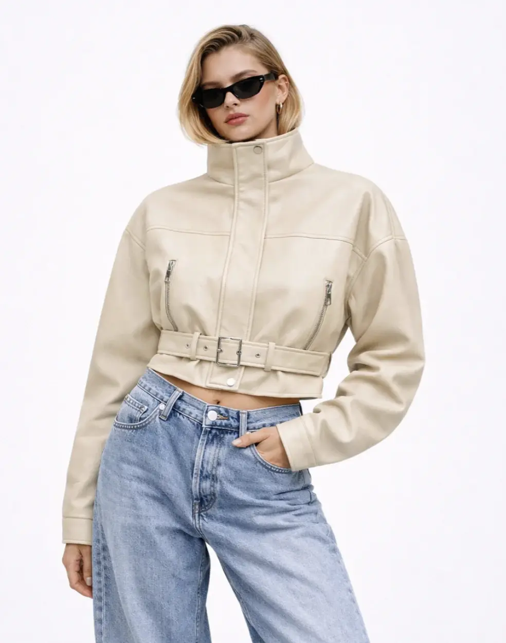 Forever 21 Women's Cropped Fitted Faux Leather Moto Jacket - Edgy Biker Style, Classic Lapels, Adjustable Belted Hem, Long Sleeves, Zippered, Affordable Streetwear Outerwear
