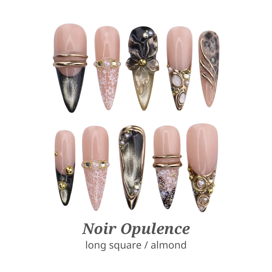 Lilynailsart | Black Gold Chrome Press On Nails - 3D Floral Pearl Rhinestone Luxury Nails - Long Almond Reusable Set
