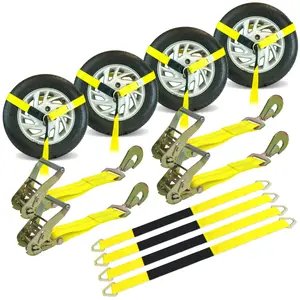VULCAN Economy Car Tie Down Kit with 4 Lasso Straps, 4 Snap Hook Ratchets, and 4 Free 36 Inch Axle Straps - 3,300 Pound Safe Working Load Uv Resistant Webbing Heavy Duty