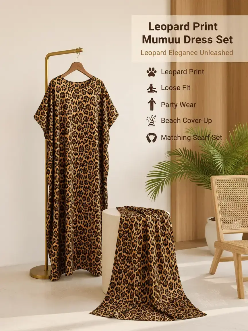MuuMuu Muse Women's Leopard Print 2-Piece Dress & Scarf Set, Casual Fashion Loose Caftan Robe with Comfortable Fit & Drape, Party Beach Cover-Up, Printed, Women's Clothes, Moo Moo And Scarf Set, Animal Print, Long Robe