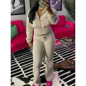 Fall/Winter Tracksuit Set – 2-Piece Waffle Knit Sweatshirt & Flared Pants, Street Sports Workout Outfit