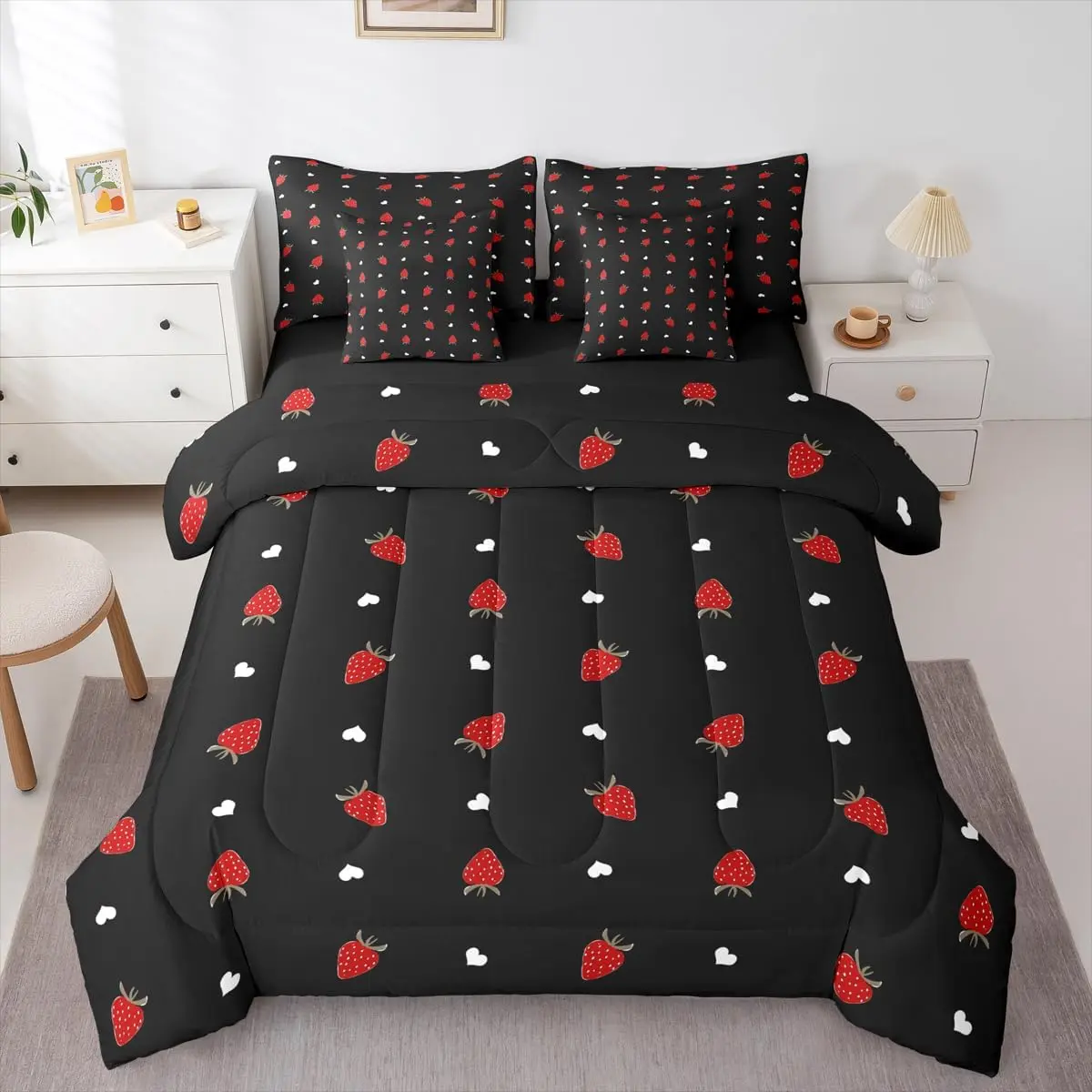 Kawaii Strawberry Comforter Set,Cute Fruits Theme Sweet 7-Piece Bed in A Bag,Red Black Sheets and Pillowcases,Heart Pattern Bedding Set Room Decor