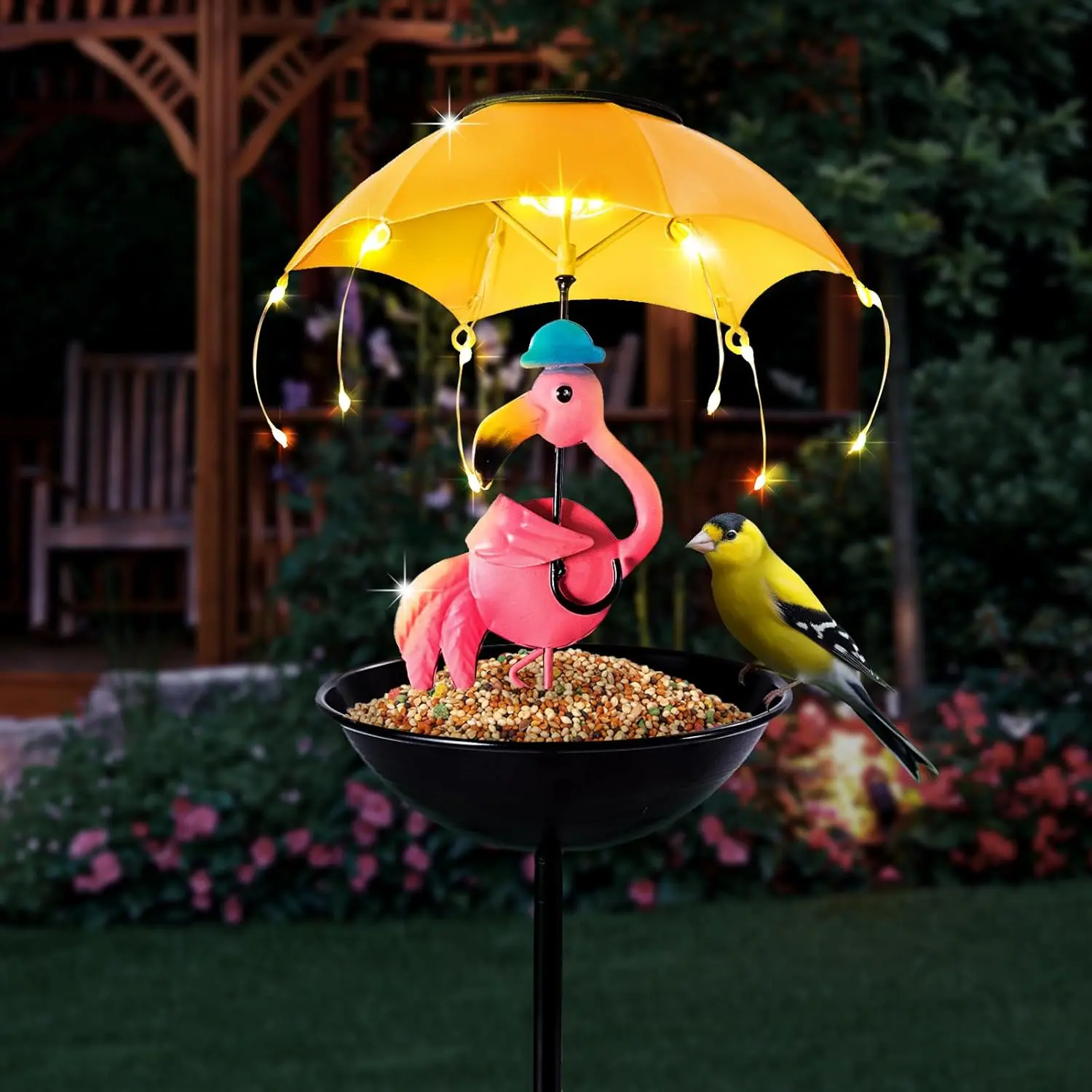 Senlukit Solar Garden Outdoor Statues Frog LED Light with Umbrella Flamingo IP44 Lawn Decor for Patio, Balcony Yard Ornament Unique Housewarming Gifts Yard Art Ornament Bird Feeder