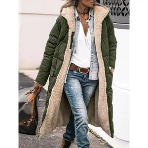 Knee-Length Polyester Long Padded Jacket Coat - Elegant Solid Color Fleece Lined Winter Warmth Outerwear with Zipper Detail Fabric Puffer Womenswear