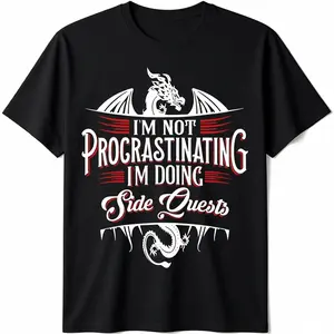 Men's Cotton Round Neck Short-Sleeve Graphic T-Shirt - Menswear Top, Comfortable RPG Gamer Dragons "Not Procrastinating Side Quests" Fashion Casual Streetwear