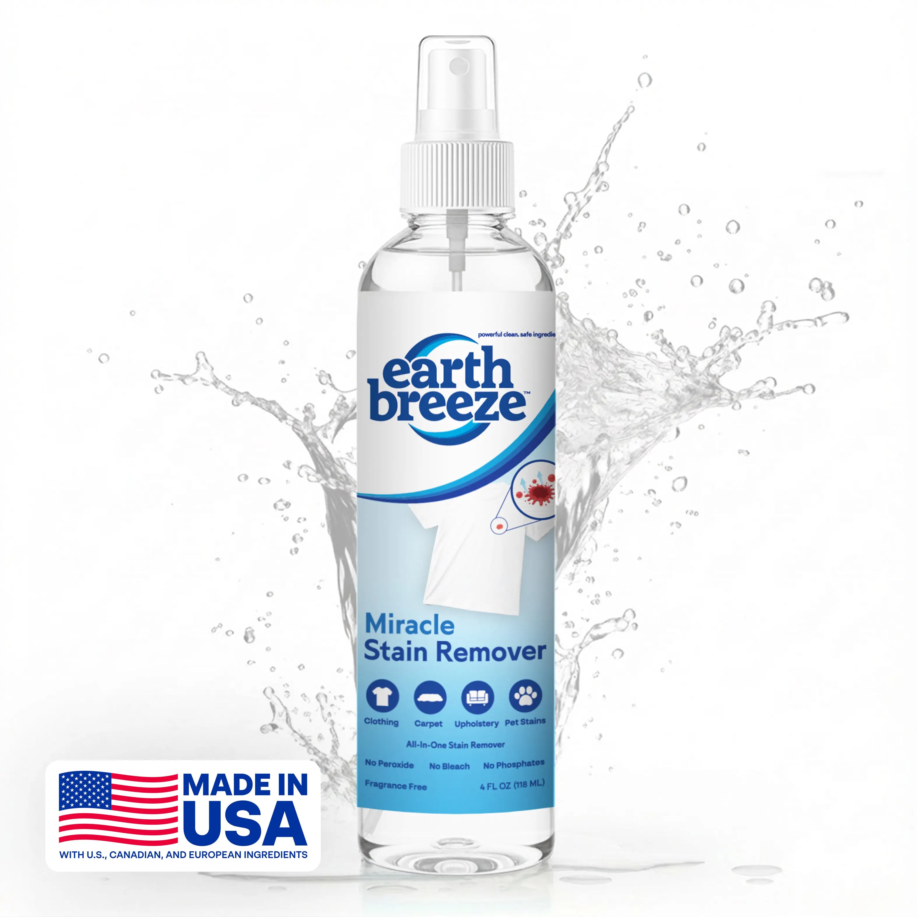 NEW! Earth Breeze Miracle Stain Remover Spray: Removes Virtually All Household Stains | Powerful All-In-One Solution | No Harsh Chemicals | Ultra-Effective Tough Stain Eliminator | Made in USA – 4fl oz