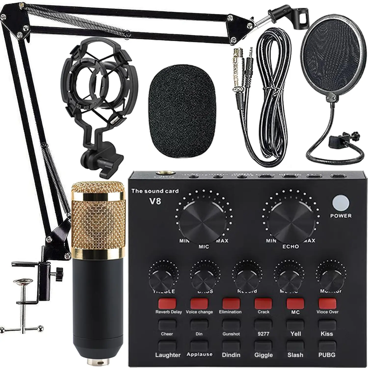 Podcast Equipment Bundle, with Podcast Microphone and V8 Sound Card, Voice Changer - USB Audio Interface -Perfect for Recording, Singing, Streaming and Gaming (V8-Black) Recording Set