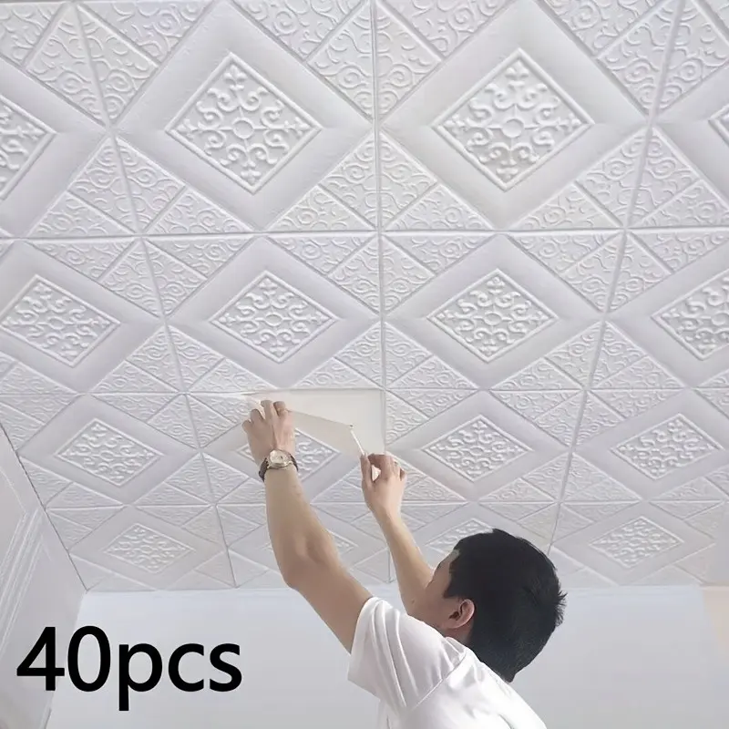 Self-Adhesive Wallpaper Ceiling, DIY Wallpapers, 40pcs Foam Wall Stickers, Waterproof, Easy to Clean and Easy Installation, Ideal for Bedroom and Living Room Decor with Decorative Appeal