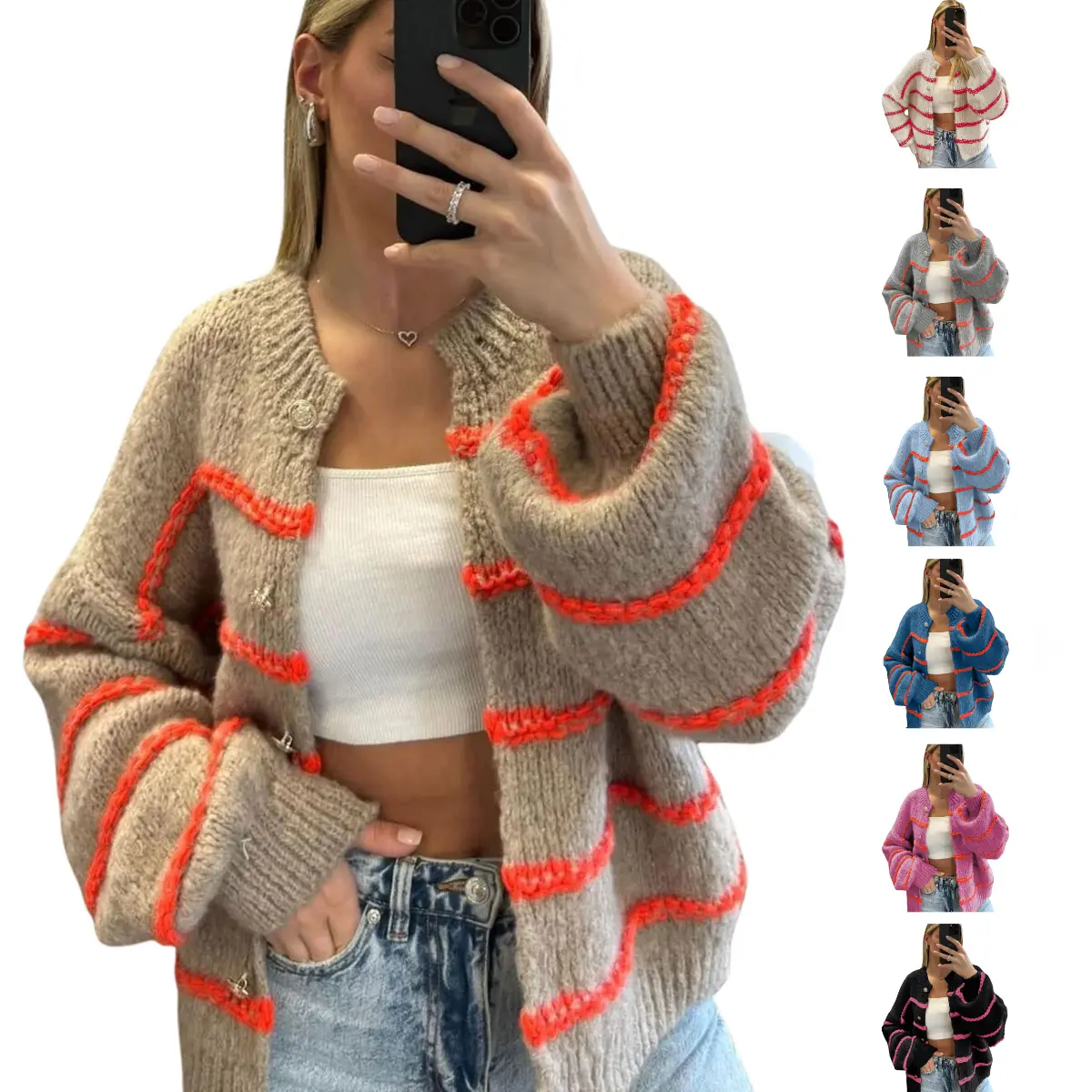 Molitree Women's Oversized Striped Knit Cardigan Sweater - Casual Open Front Long Sleeve Button Down Outwear for Fall Knitwear Crewneck Trendy Knit Outfit Brown