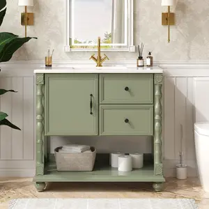 ONBRILL 36" Bathroom Vanity with Sink Combo Modern Open Storage Shelf 4 Solid Legs Drawer Door Ceramic Sink Freestanding Bath Storage Cabinet