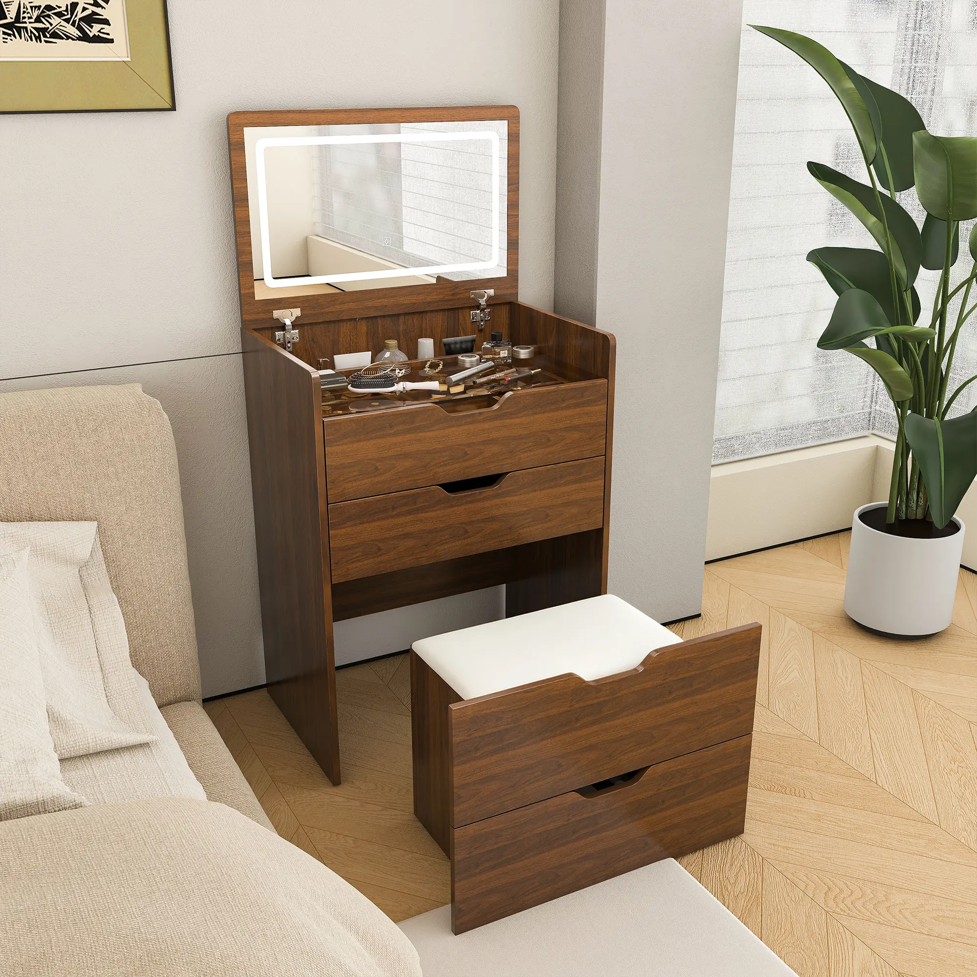 3-in-1 Makeup Desk - Lighted Makeup Vanity with LED Mirror, Stool, Storage Organizer, Durable MDF+Glass Engineered Wood, Adjustable Foldable Flip Top, Compact Indoor Furniture for Bedrooms, Assembly Required, Backlit Portable Vanity