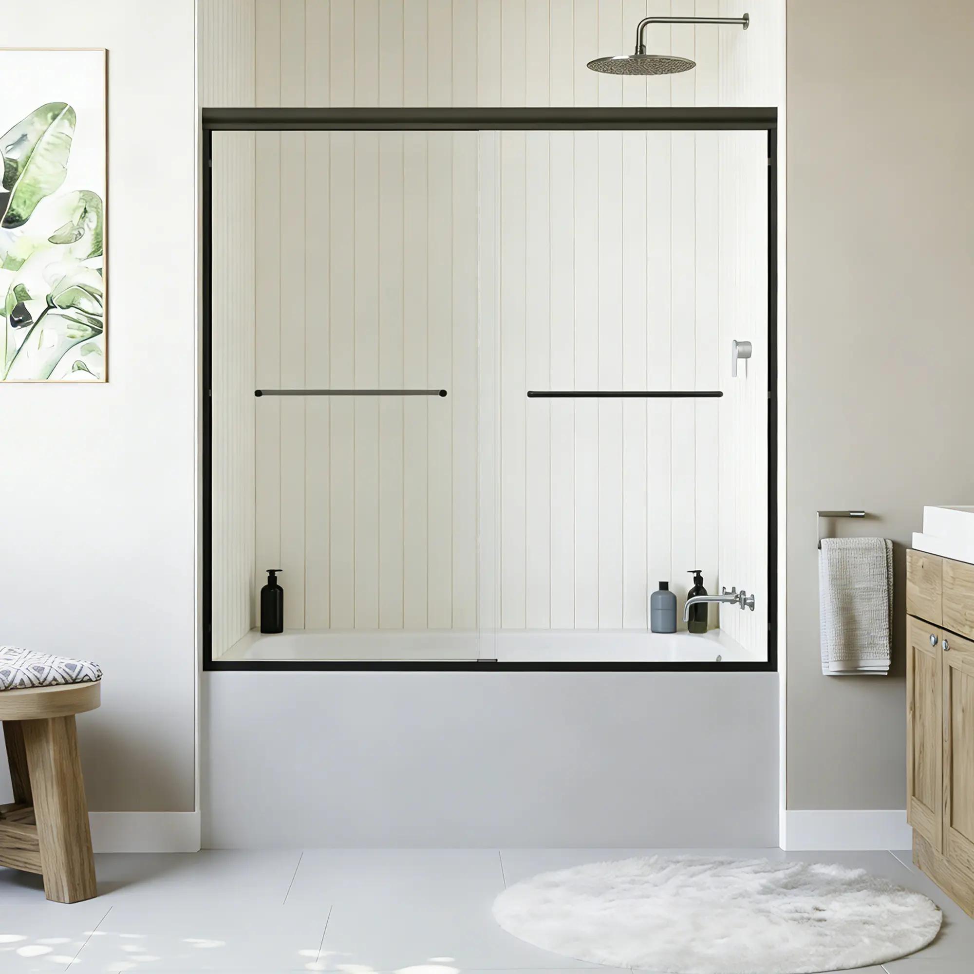 BUILDEPOT Adjustable Semi-Frameless Double Sliding Bathtub & Shower Door (56"-60" W x 58" H) - 1/4" (6mm) Tempered Glass with Safety Film, Aluminium Frame, All Necessary Screws, DIY-Friendly & Reversible, Easy Install, D03-T60, Minimalist, Sliding Door, D