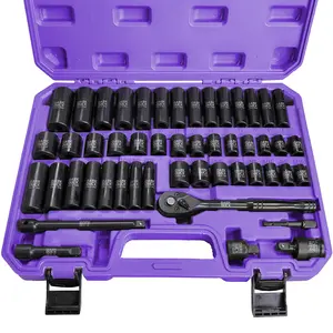 DARK DUCK 50pcs/set Standard SAE (5/16 To 3/4 Inch) And Metric (8-22mm) Size Cr-V 3/8-Inch Drive Ratchet Handle Drive Extension Bar 3/8" Drive Impact Socket Set Purple